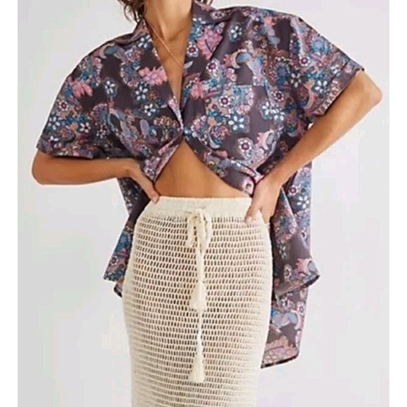 Free People We The Free Poolside Printed Boyfriend Button Down Paisley Top Sz M - Picture 3 of 14